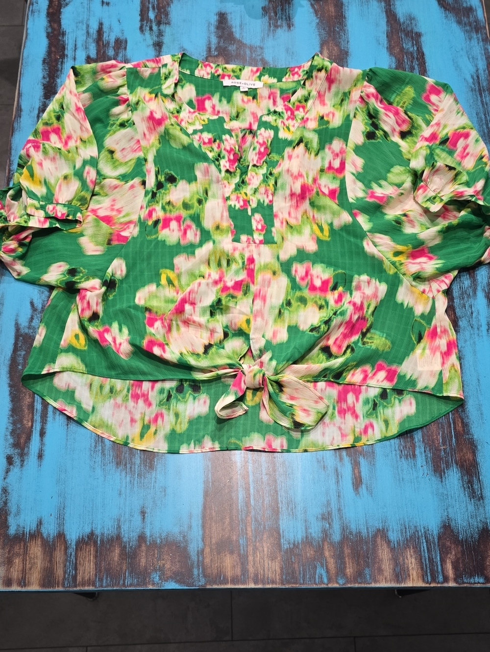 Rose & Olive Green Floral Tie-Front Blouse